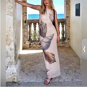 Zara Beach Seashell Print Halterneck Mesh long midi Dress sz.S